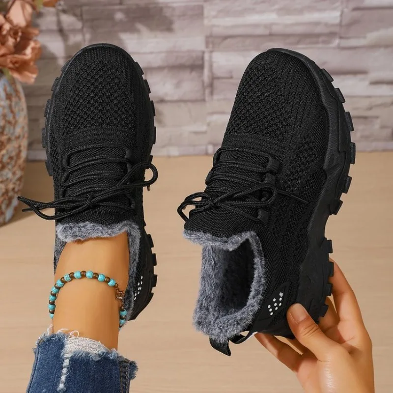 รองเท้าผ้าใบกันหนาวสำหรับผู้หญ - Knit Fabric Lace Up Sneakers บทวิจารณ์และราคา